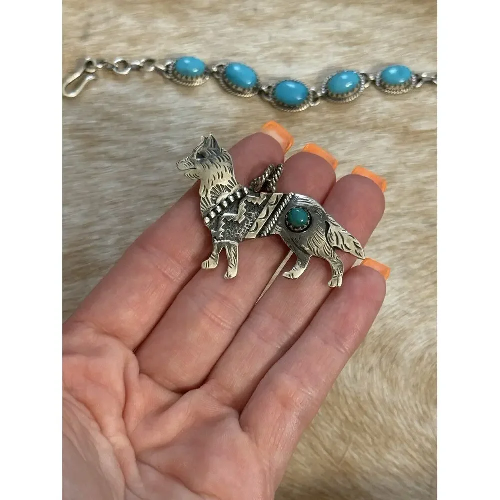 Native American 925 SW Sterling Silver Turquoise Husky Wolf Dog Pendant Detailed - Picture 5 of 9